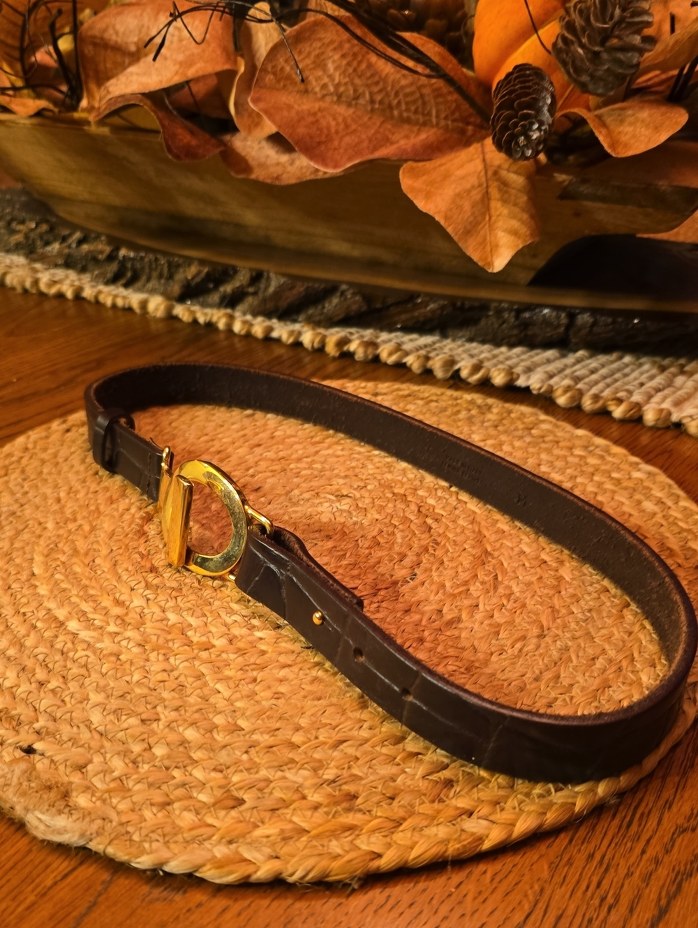 Women's Dark Brown Leather Belt with Gold Buckle